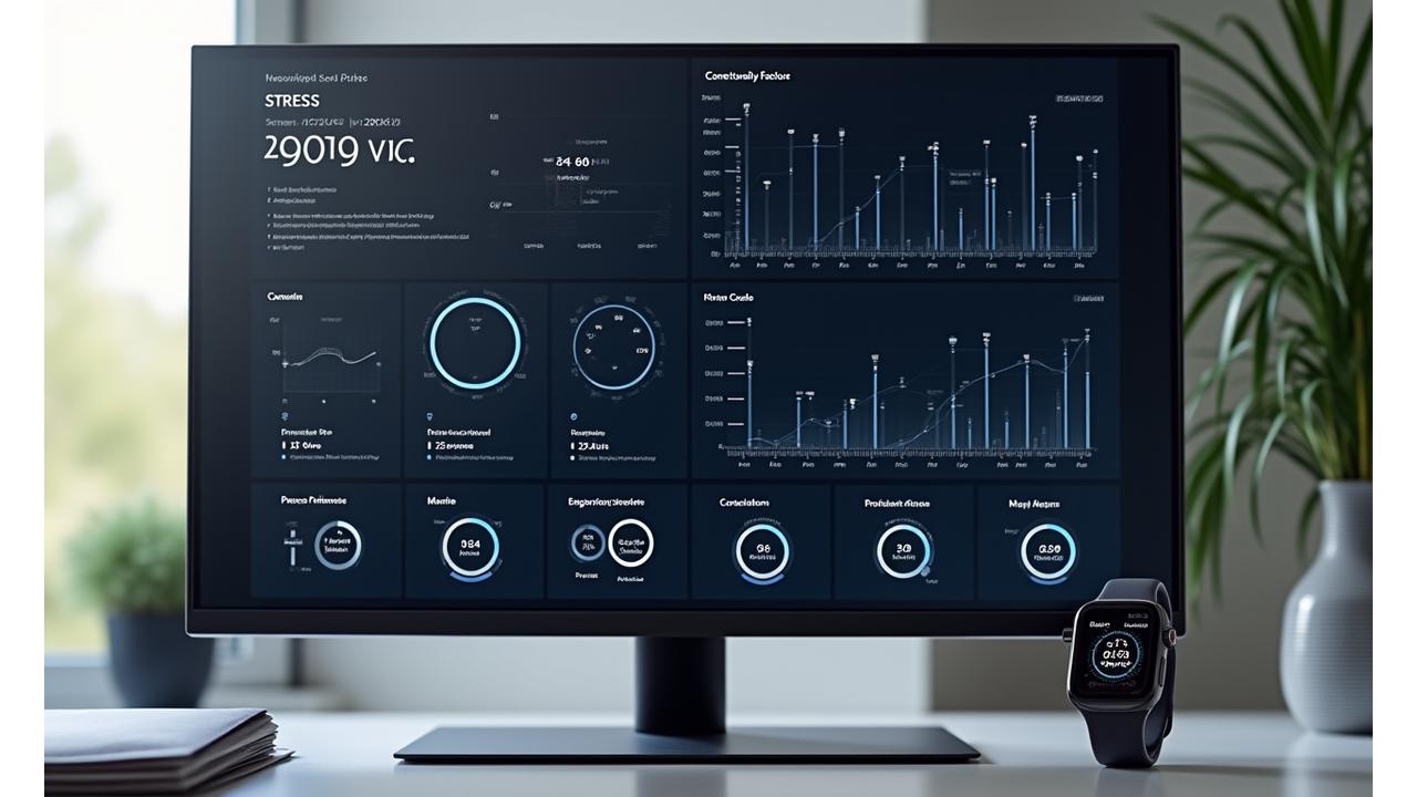Cruscotto digitale con grafici che mostrano i livelli di stress e l'integrazione con wearable